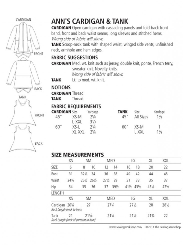 The Sewing Workshop - Anns Cardigan & Tank Pattern