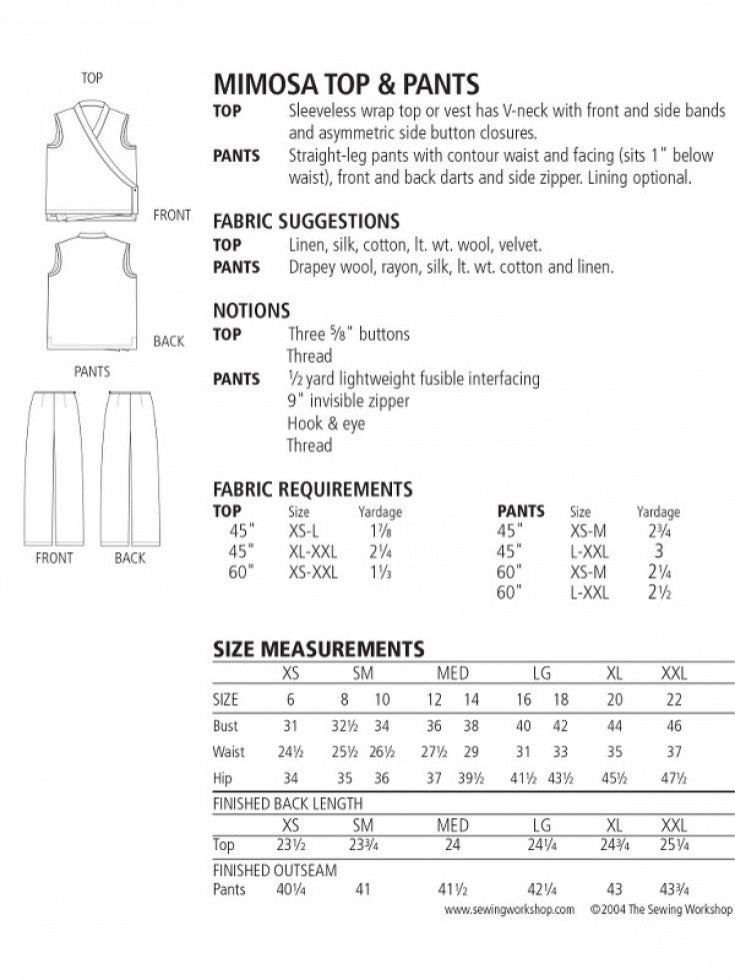The Sewing Workshop - Mimosa Top & Pants Pattern