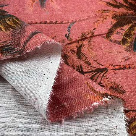 Tropical Sunset Linen Cotton Red Pink Palm Tree Print Fabric Woven In Germany Fold
