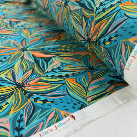 Tropical Twist Viscose Leaf Print Blue Green Orange Dress Fabric Roll
