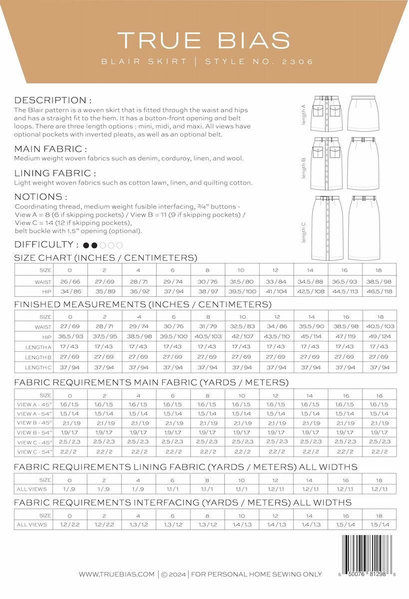 True Bias - Blair Skirt Sewing Pattern