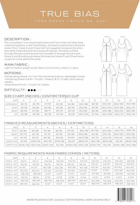 True Bias Lora Dress Sewing Pattern Back Cover