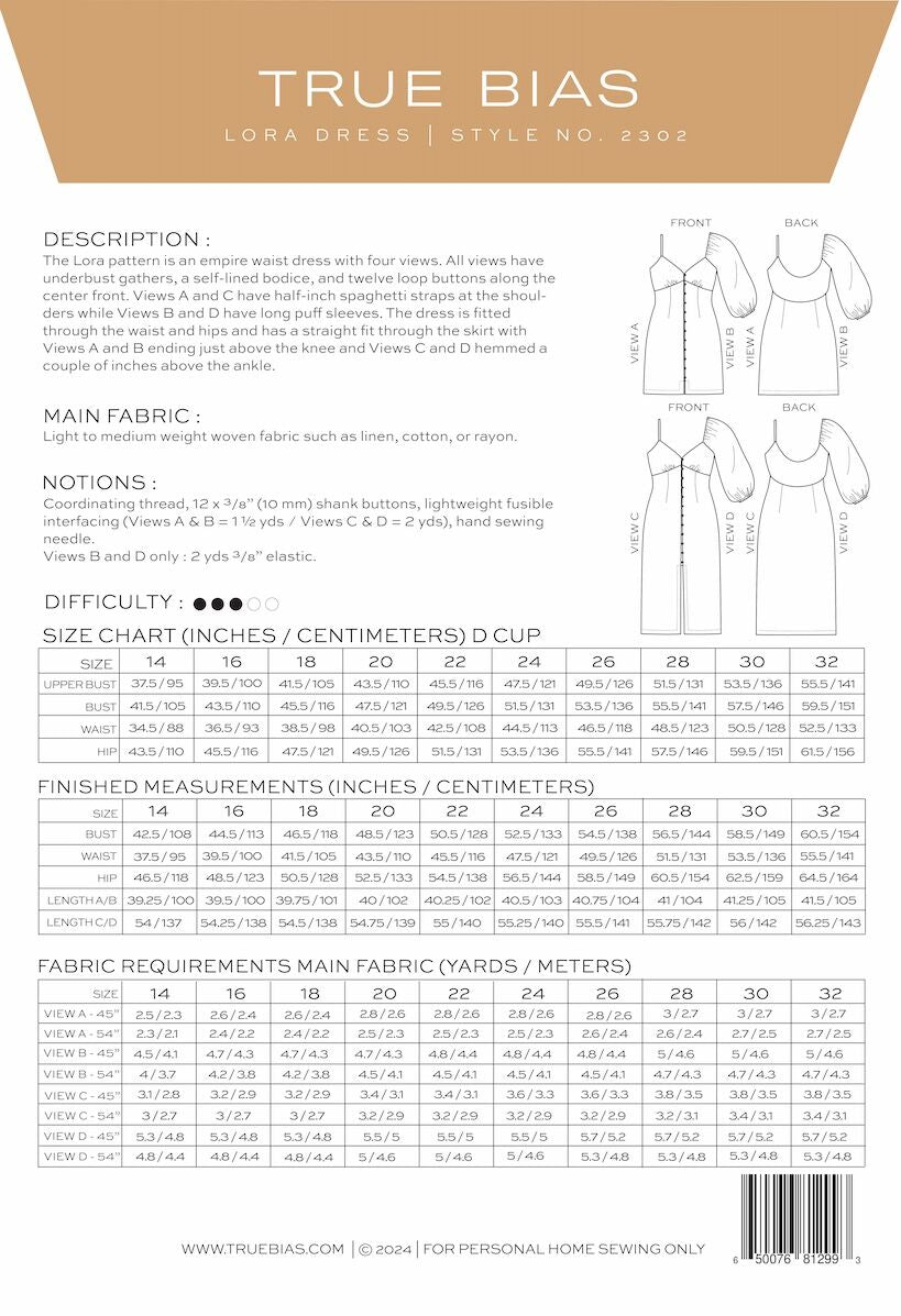 True Bias - Lora Dress Sewing Pattern (US 14-32)