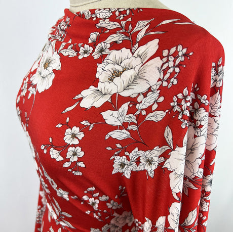 Turn The Night Sky Red Slinky Polyester Elastane Floral Printed Knitted Jersey Fabric Side
