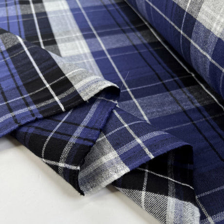 Viking Blue Brushed Cotton Black White Check Shirting Fabric Fold