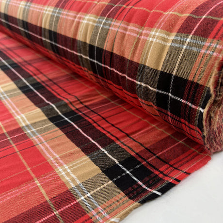 Viking Brushed Cotton Red Black Brown White Check Shirting Fabric Roll