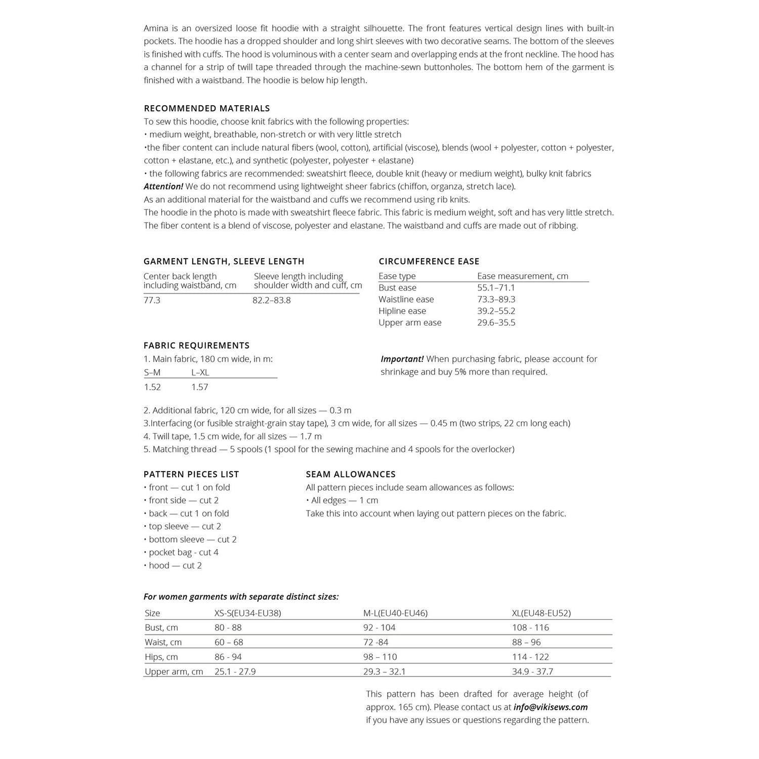 Vikisews - Amina Hoodie Sewing Pattern (UK 6-24)