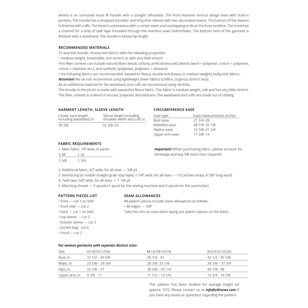 Vikisews - Amina Hoodie Sewing Pattern (UK 6-24)