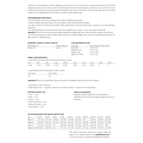 Vikisews Caroline Dress Sewing Pattern Sizechart2