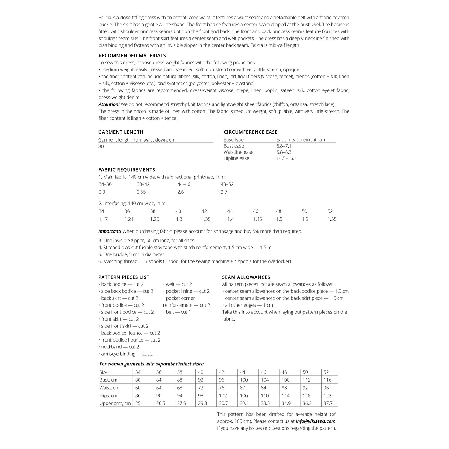 Vikisews Felicia Dress Sewing Patternsizechart1