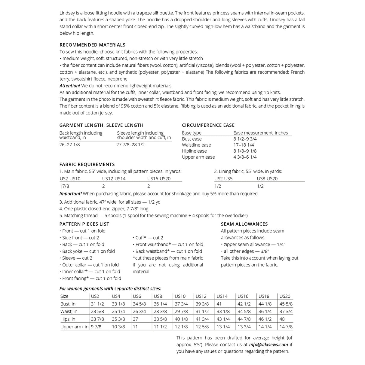 Vikisews - Lindsey Hoodie Sewing Pattern (UK 6-24)