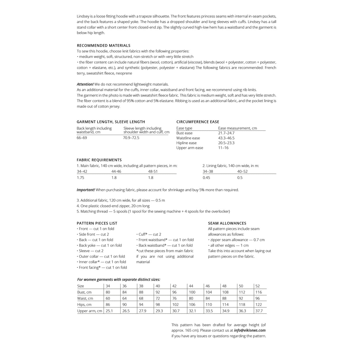 Vikisews - Lindsey Hoodie Sewing Pattern (UK 6-24)