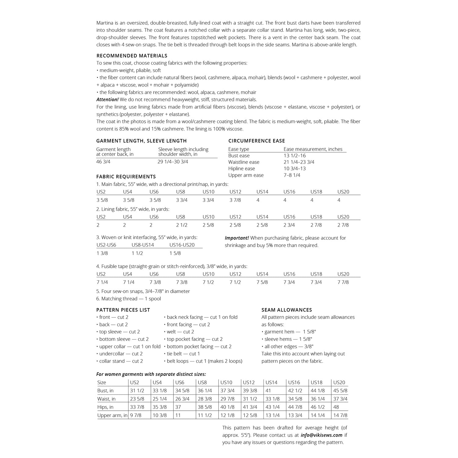 Vikisews - Martina Coat Sewing Pattern (UK 6-24)