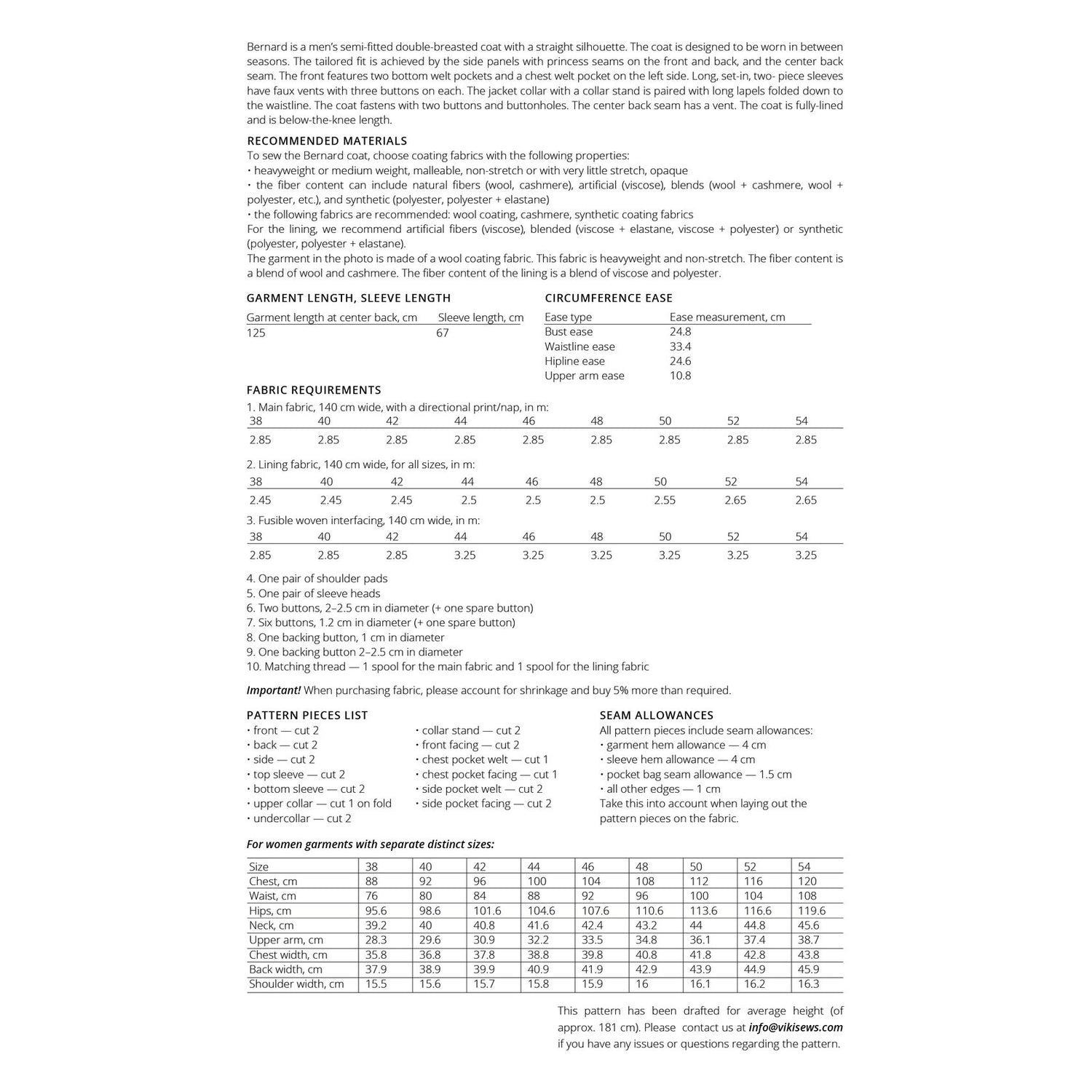 Vikisews - Men‚Äö√Ñ√¥s Bernard Coat Pattern (UK 28-44)