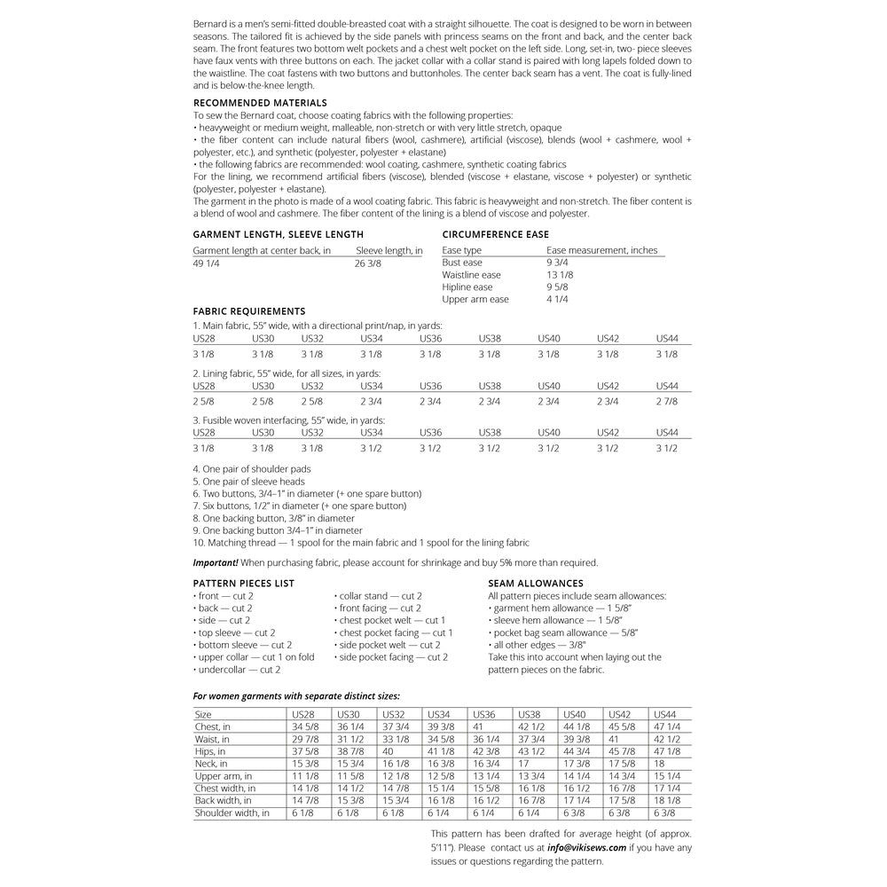 Vikisews - Men‚Äö√Ñ√¥s Bernard Coat Pattern (UK 28-44)