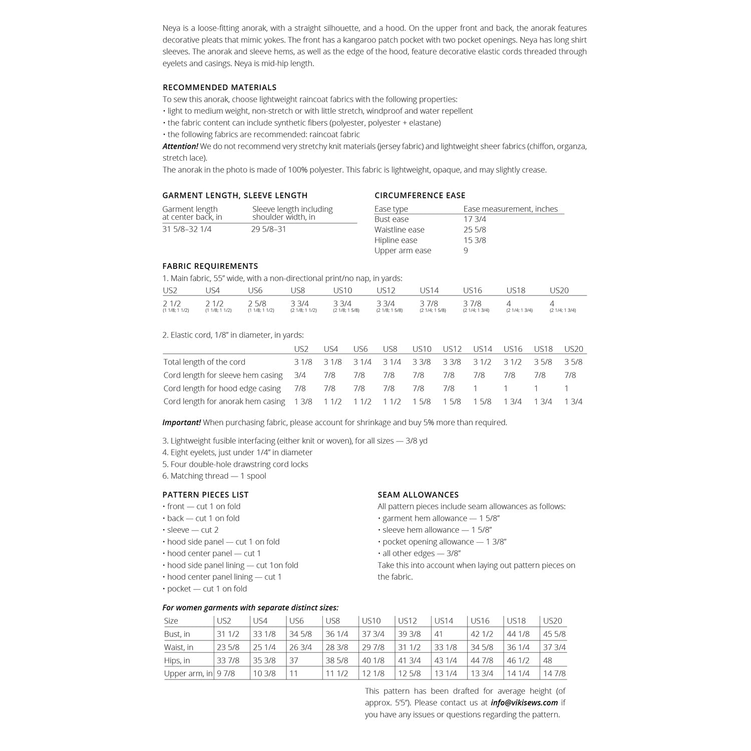 Vikisews - Neya Anorak Sewing Pattern (UK 6-24)
