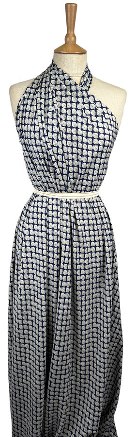 Viscose Challis Aspen Navy Blue White Leaf Print Lightweight Dress Fabric Mannequin