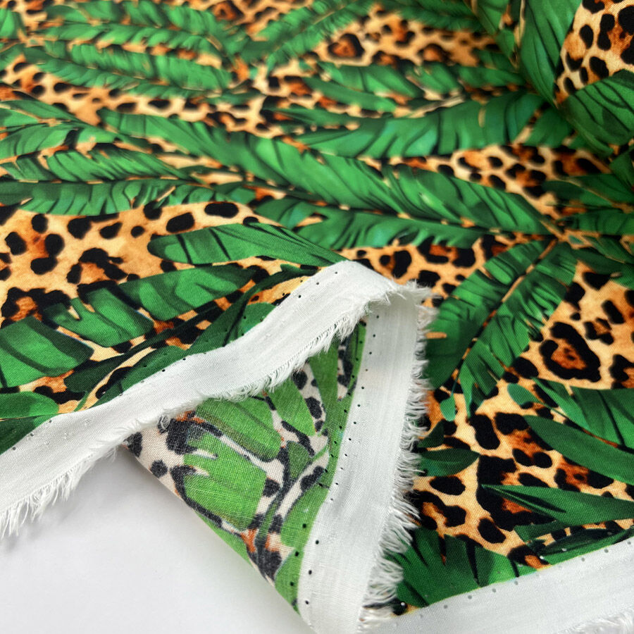 Viscose Challis Leopard In The Jungle Green Animal Leaf Print Dress Fabric Fold