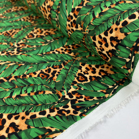 Viscose Challis Leopard In The Jungle Green Animal Leaf Print Dress Fabric Roll