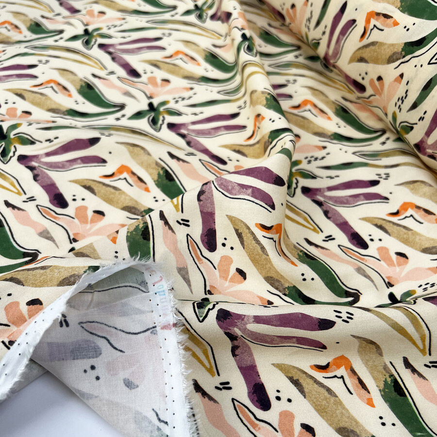 Viscose Challis Tereza Cream Abstract Leaf Print Dress Fabric Fold