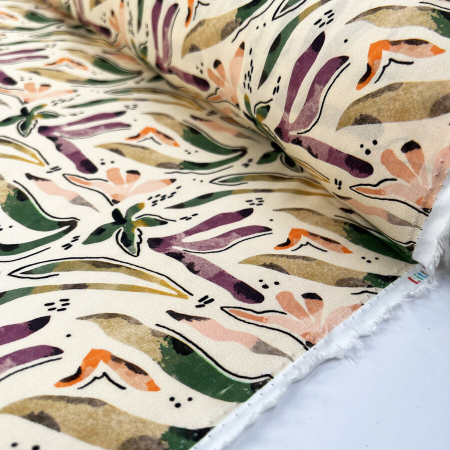 Viscose Challis Tereza Cream Abstract Leaf Print Dress Fabric Roll