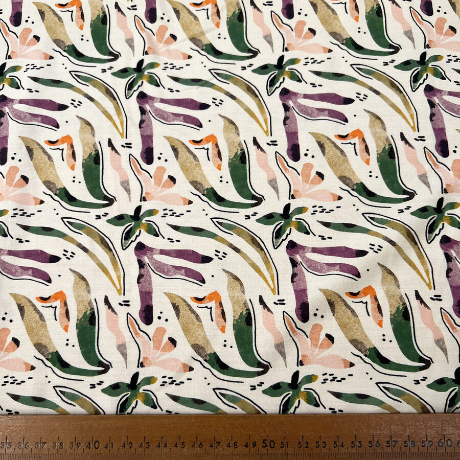 Viscose Challis Tereza Cream Abstract Leaf Print Dress Fabric Ruler