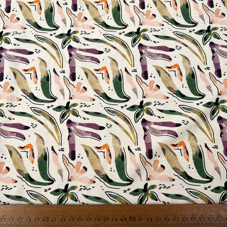 Viscose Challis Tereza Cream Abstract Leaf Print Dress Fabric Ruler