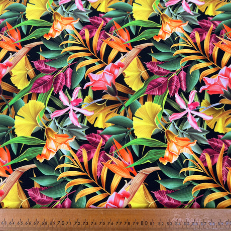 Viscose Challis Zamora Abstract Colourful Leaf Print Dress Fabric Ruler