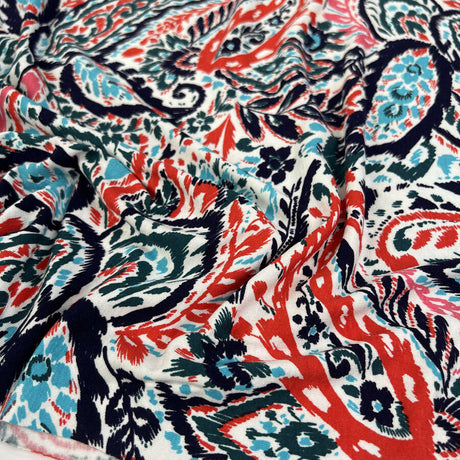 Viscose Jersey Abstract Paisley Elastane Red Blue Stretch Knit Jersey Fabric
