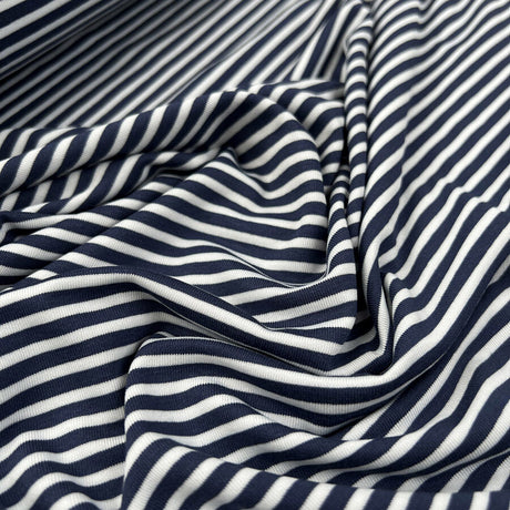 Viscose Jersey Navy Blue Stripe White Lycra Stretch Knit Fabric