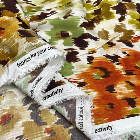 Viscose Satin Floral Mirage Rust Orange Green Brown Abstract Dress Fabric Fold