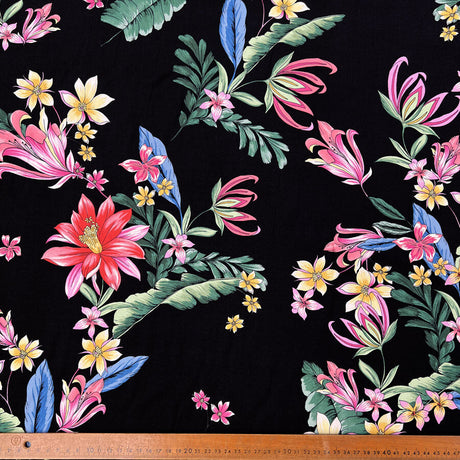 White Lotus Black Multicoloured Floral Viscose Dress Fabric Ruler