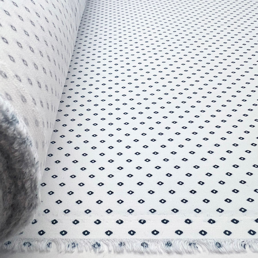 White polyester dress fabric navy diamonds oh so s 2