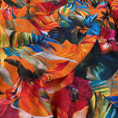 Wild Expressions Tropical Blaze Linen Viscose Abstract Woven Leaf Print Dress Fabric