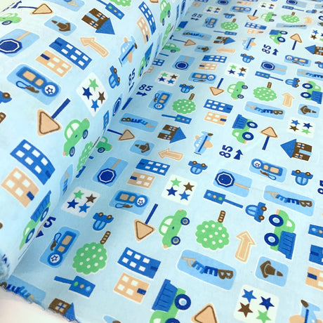Winceyette Traffic Blue Cars Cotton Fabric R