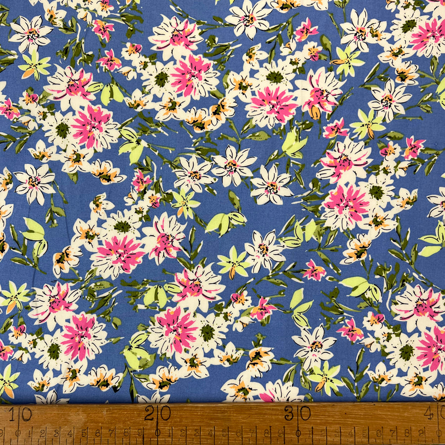 Yasmin Copen Floral Blue Cotton Poplin Dress Fabric Ruler