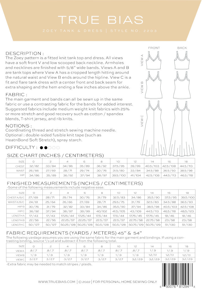 True Bias - Zoey Tank & Dress Pattern (Sizes 0-18)