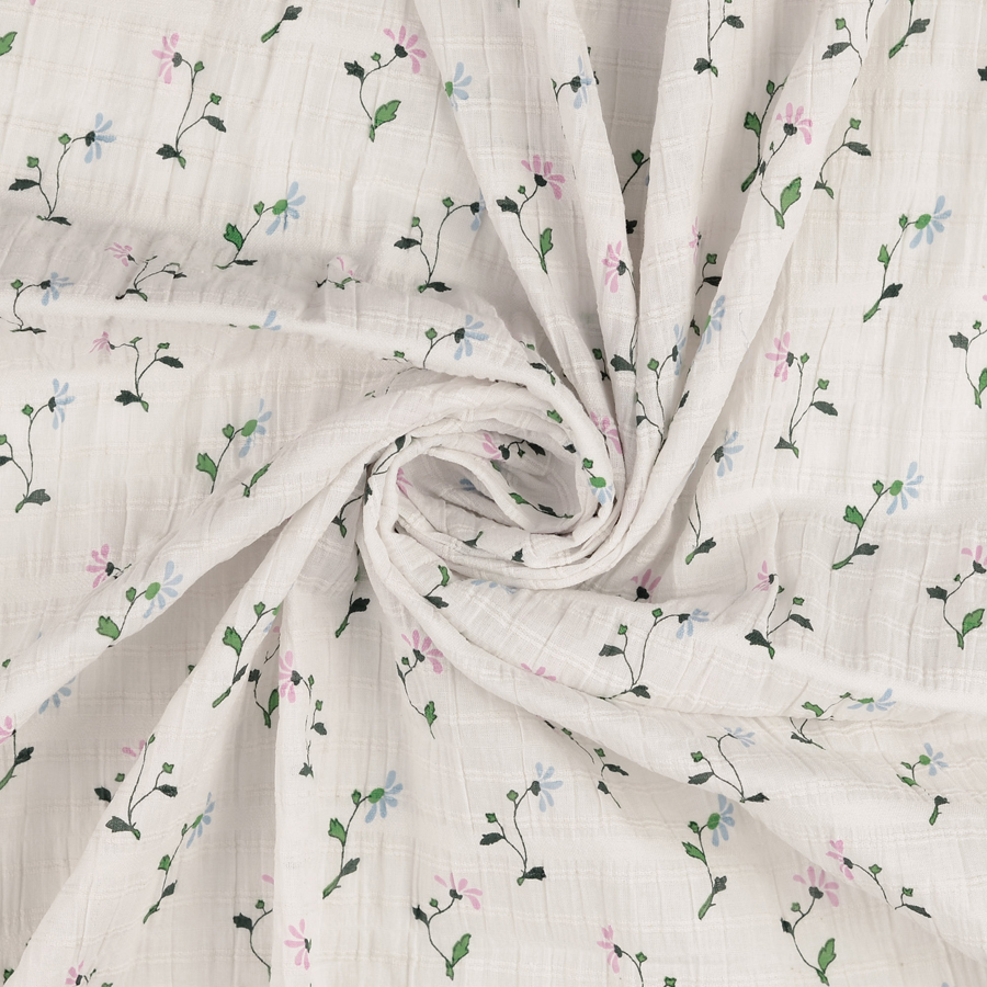 Cotton Voile Elastane Floral White Dressmaking Fabric
