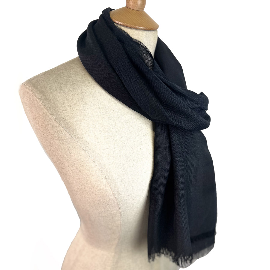 Silk Cashmere Lightweight Scarf Black Navy Check 180x50cm