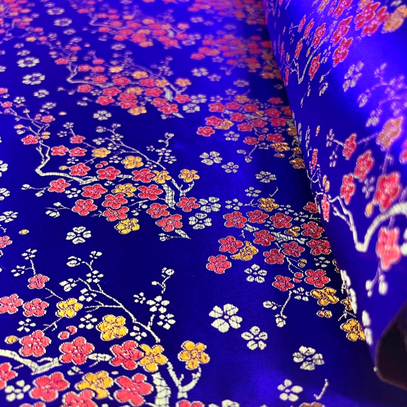 Chinese Jacquard Blue Dress Fabric Qipao Royal Blossom