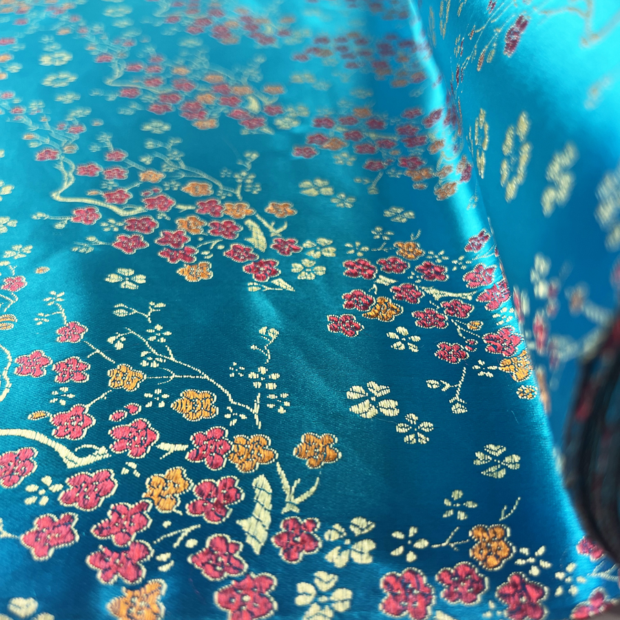 Chinese Jacquard Turquoise Dress Fabric Qipao Sea Blossom