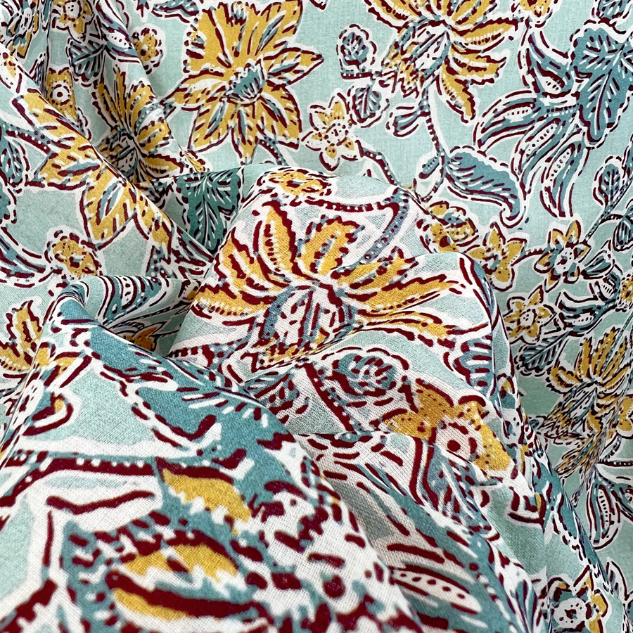 Italian Cotton Lawn Aqua Floral Print Dress Fabric Fiori Aqua