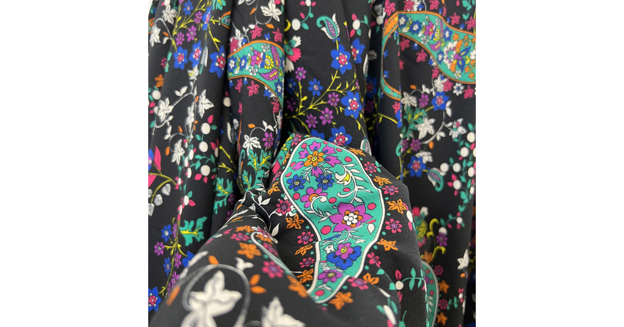 Black Floral Paisley Print Polyester Dress Fabric | Jones - Crepe