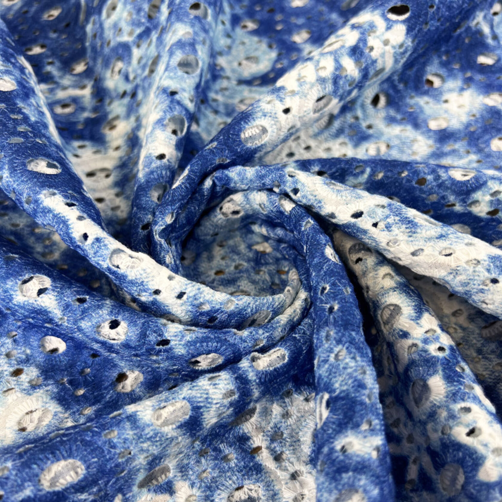 Cotton Tie-Dye Blue Broderie Dress Fabric | Printed Anglaise
