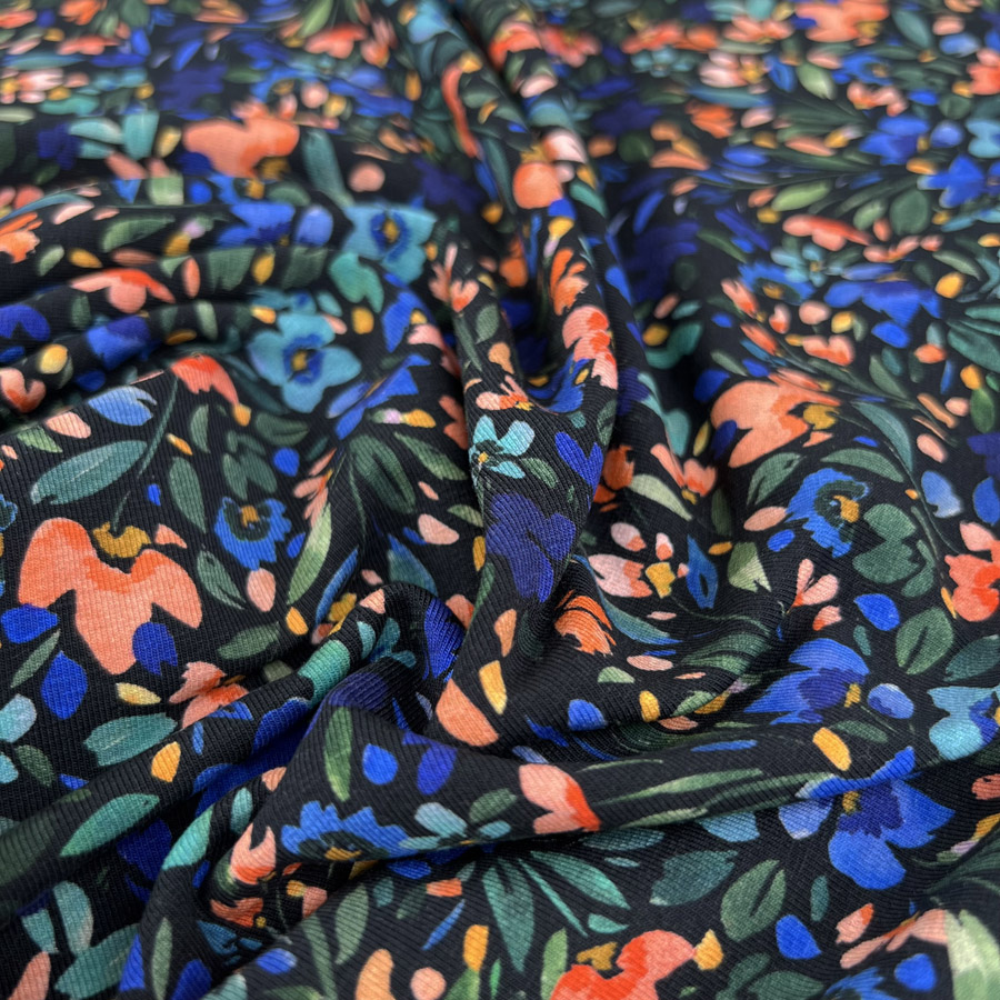 Black Knit Stretch Dress Fabric Cotton Jersey Chartres Floral
