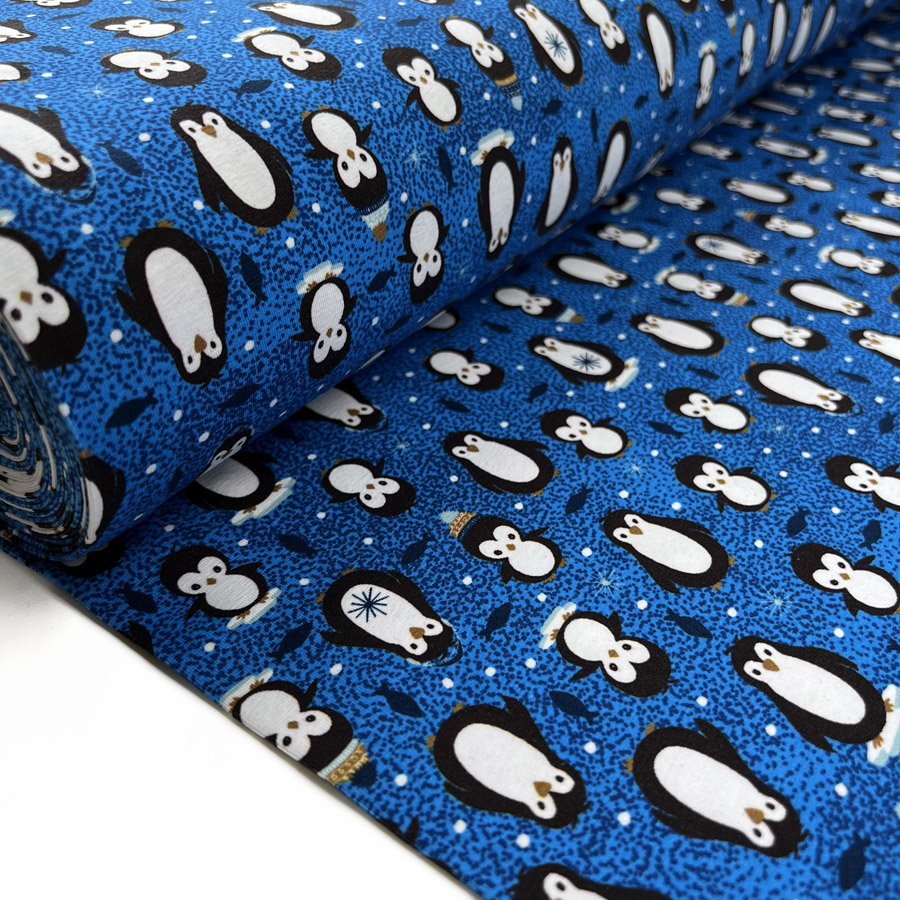 Oeko Tex Blue Penguin Knit Fabric Stof Cotton Jersey Pablo