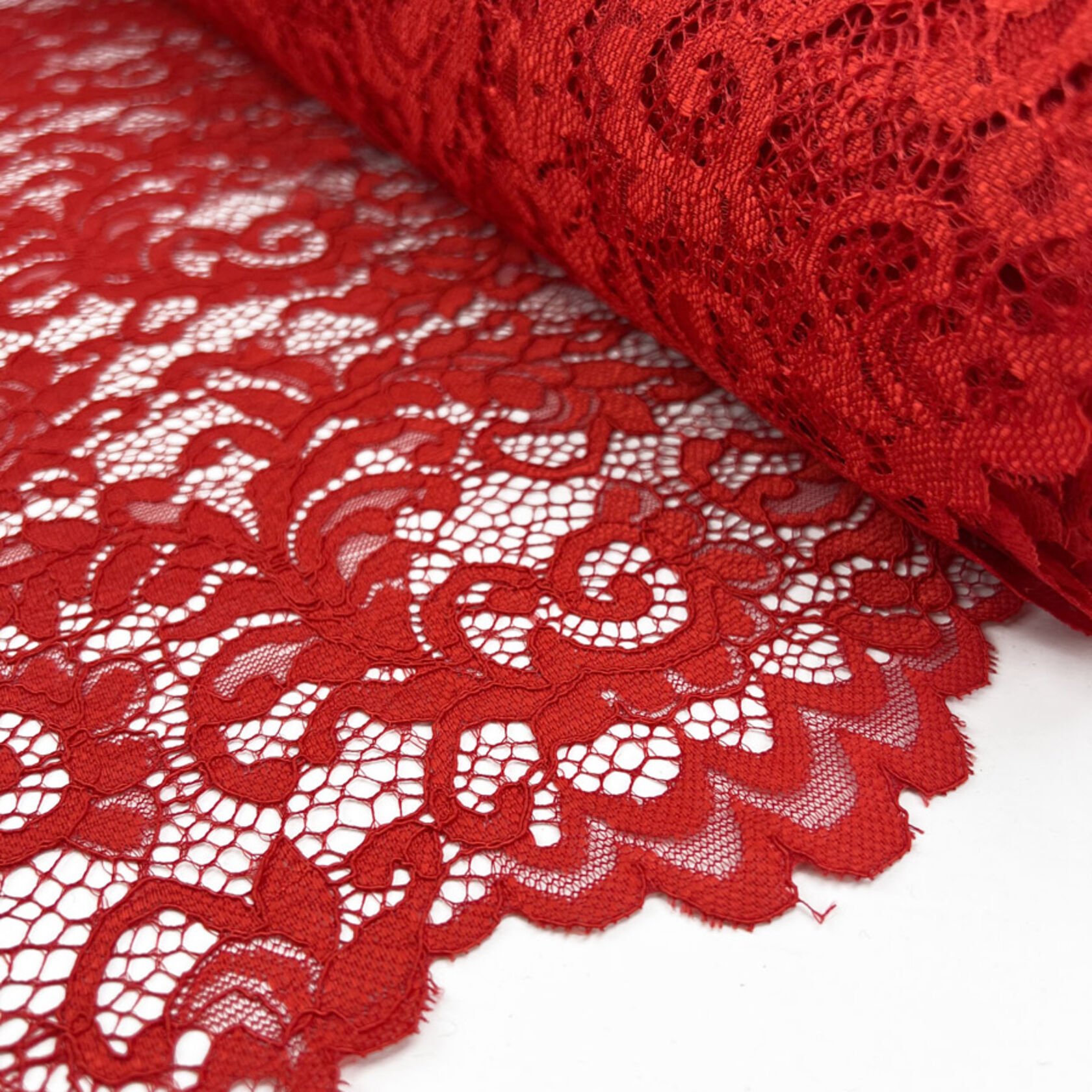 Red scallop corded lace $38.99/m 140 cm wide - Gardams Fabrics