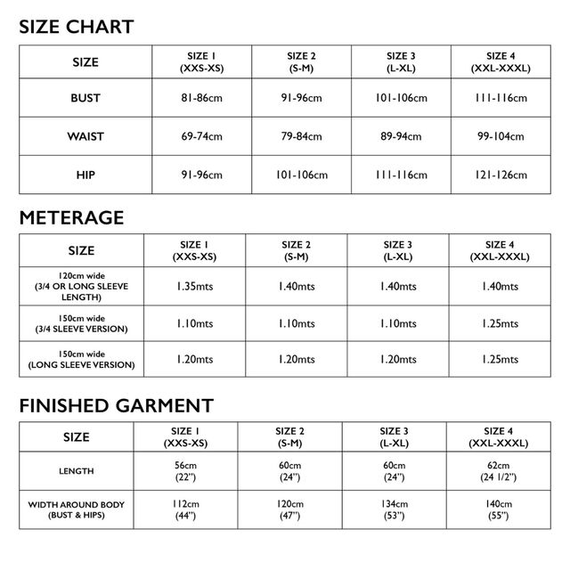 Tessuti - Mandy Boat Tee Pattern (XXS-3XL) / Mandy Boat Tee Tessuti size chart