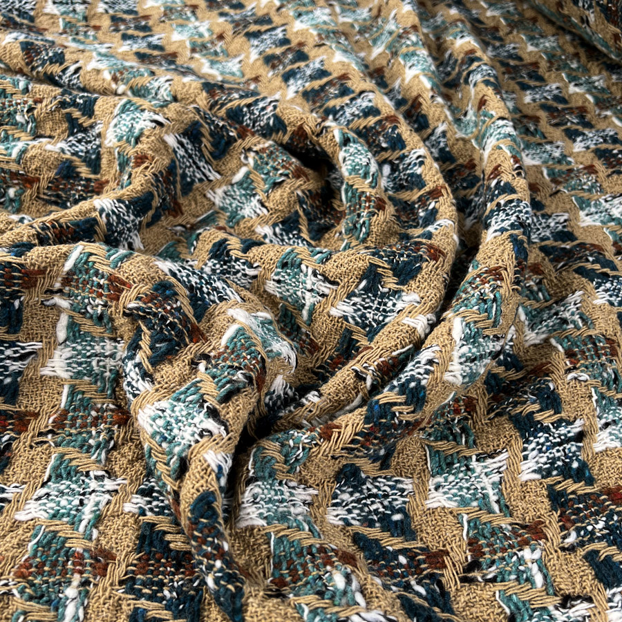 Italian Woven Houndstooth Coat Fabric Cotton Tweed Camel