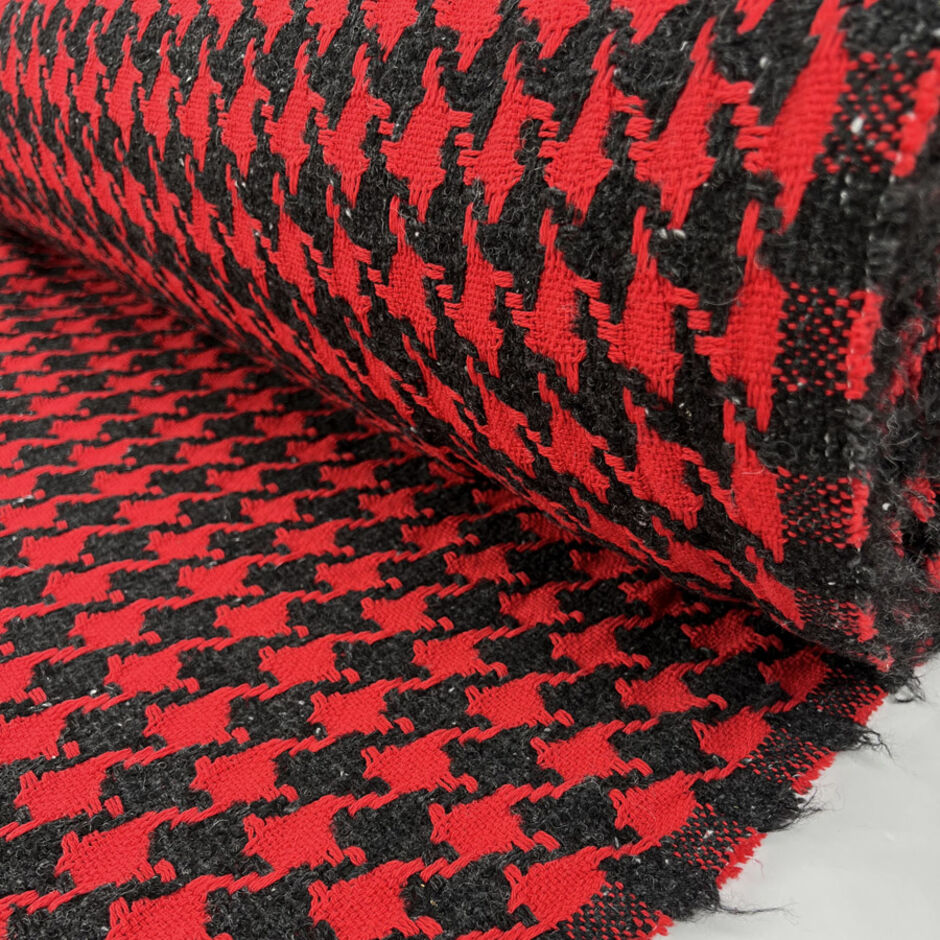 Italian Woven Check Coating Fabric Cotton Tweed Red